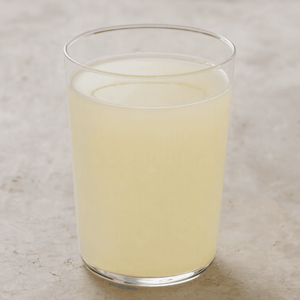 A smooth, lightly cloudy drink sits in a clear glass, with a uniform pale color and no visible pieces or garnish.