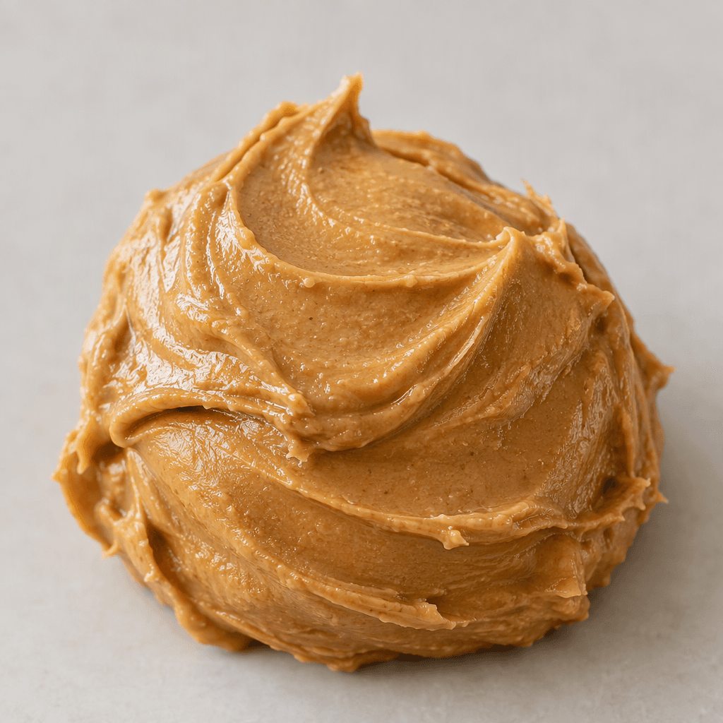 Thick, smooth tan-brown peanut spread sits in a soft mound, with a slight sheen and faint ridges across its surface.