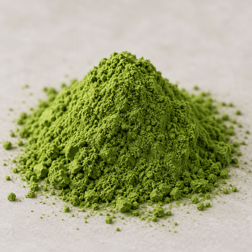 A fine, loose powder in a vivid leafy-green shade, shown as a small mound with a few scattered grains.