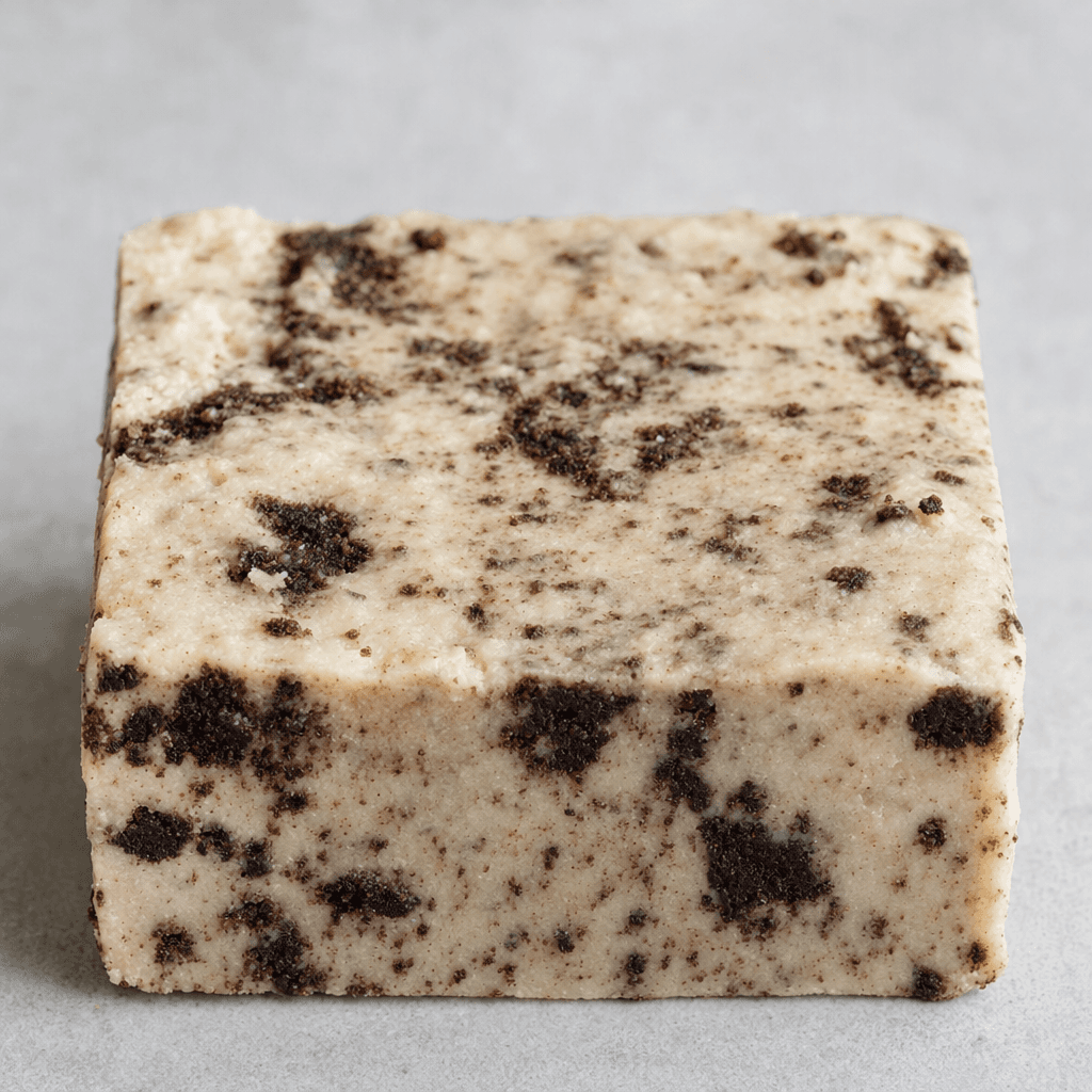 A compact rectangular bar with a pale, uneven surface speckled with dark cookie crumbs and a dense, slightly rough texture.