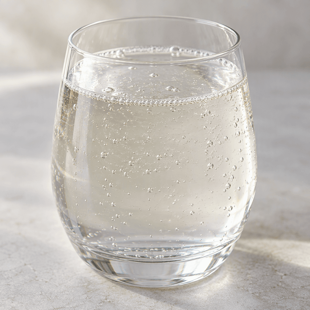 A translucent, nearly colorless drink with a faint tint sits in a clear glass, with a few small bubbles visible on the surface.