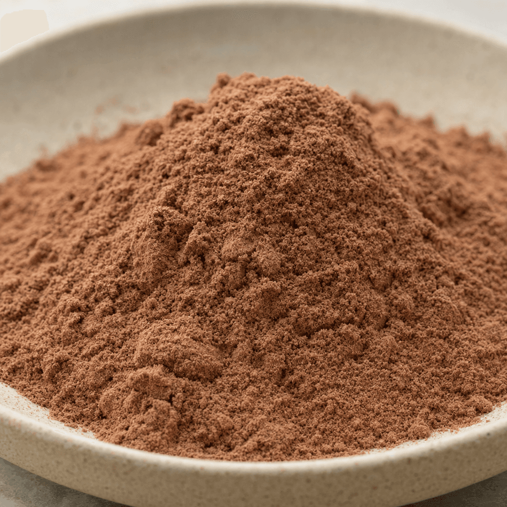 A mound of fine, cocoa-brown rice flour with a soft, powdery texture.