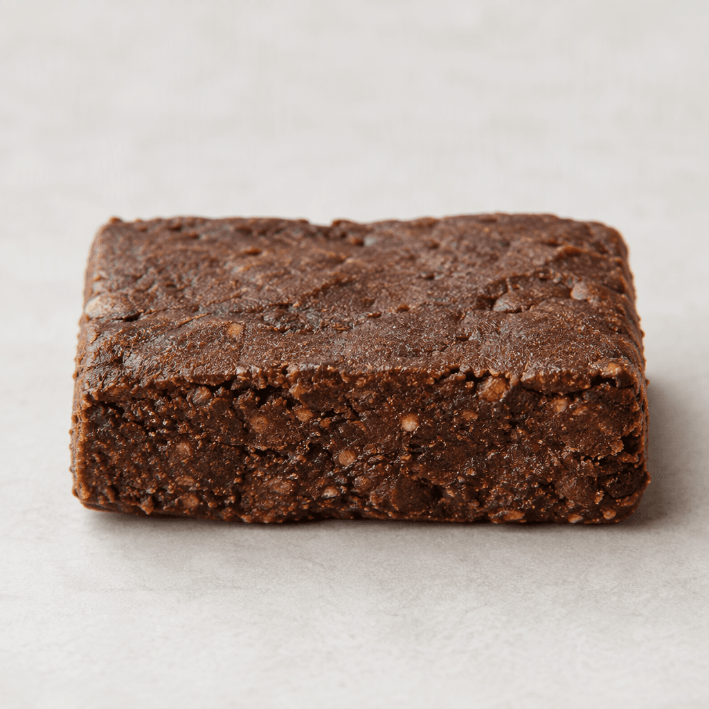 A compact rectangular cocoa-brown bar with a slightly uneven, matte surface and a dense-looking texture.