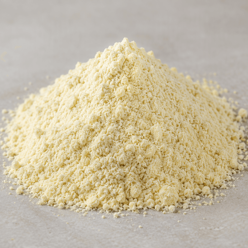 A mound of fine, pale cream-yellow banana and rice flour with a soft, slightly grainy texture, shown loose on a surface.