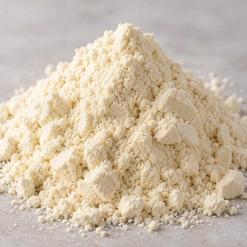 A mound of fine, pale cream-colored whey protein powder with a soft, slightly clumpy texture.