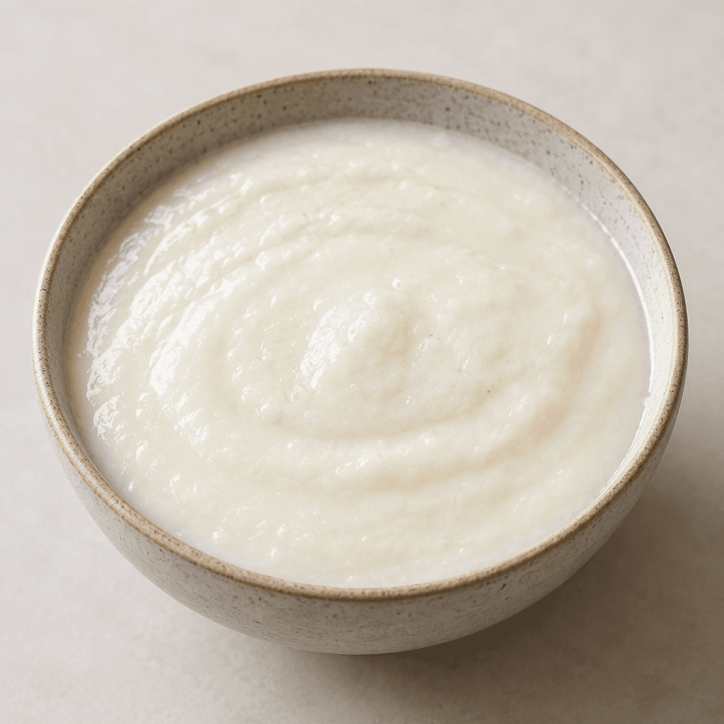 A thick, smooth, pale ivory rice cream sits in a bowl, with a soft, even surface and no visible toppings.
