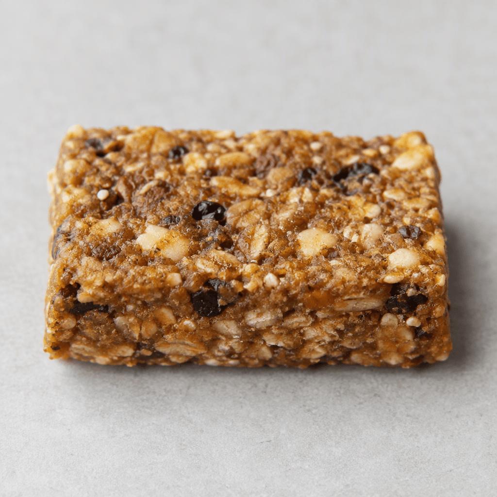 A compact, rectangular bar with a caramel-brown surface, a slightly uneven texture, and small pale and dark pieces visible throughout.
