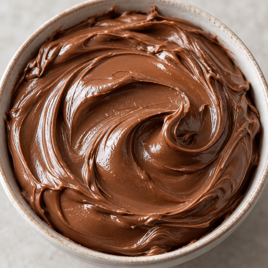 A thick, smooth, glossy brown hazelnut spread with soft swirls across its surface.