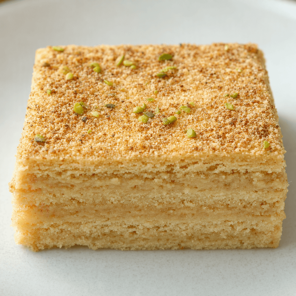 A compact rectangular bar with distinct pale beige layers, a lightly crumbly surface, and a fine brown dusting, with a few small green flecks visible on top.