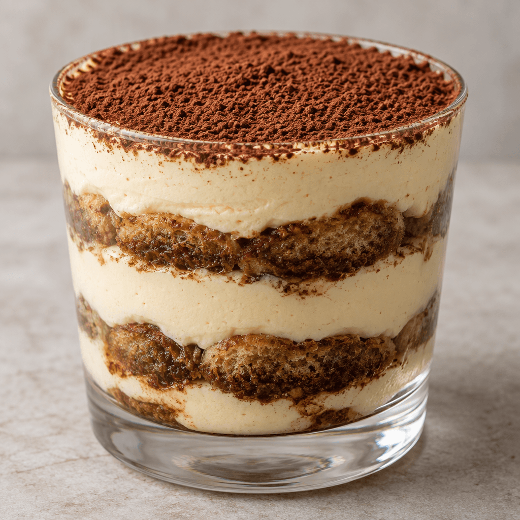 A layered dessert in a clear glass, with pale cream alternating with dark, coffee-soaked biscuit layers and a fine dusting of cocoa on top.