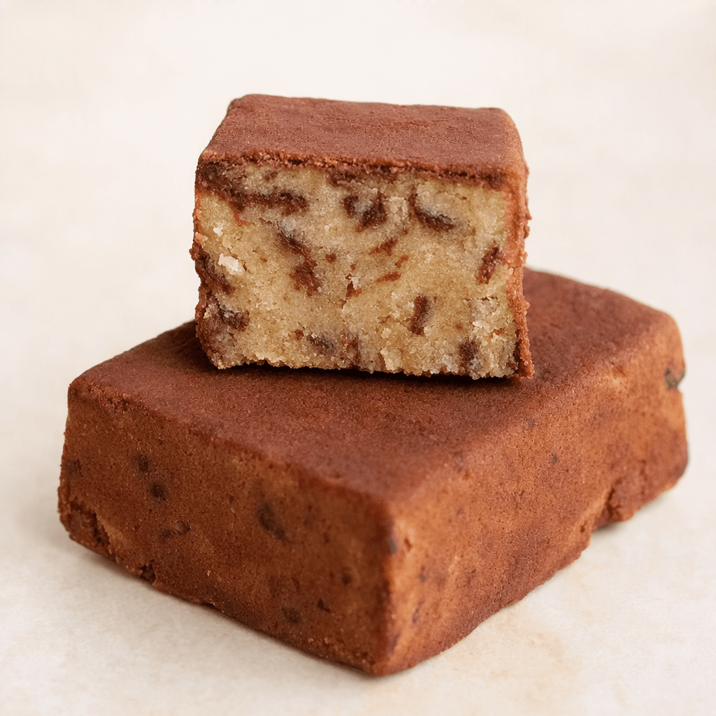 A compact, rectangular bar with a cocoa-brown surface and a dense, pale beige interior marked by darker brown streaks, shown whole beside a cut piece.