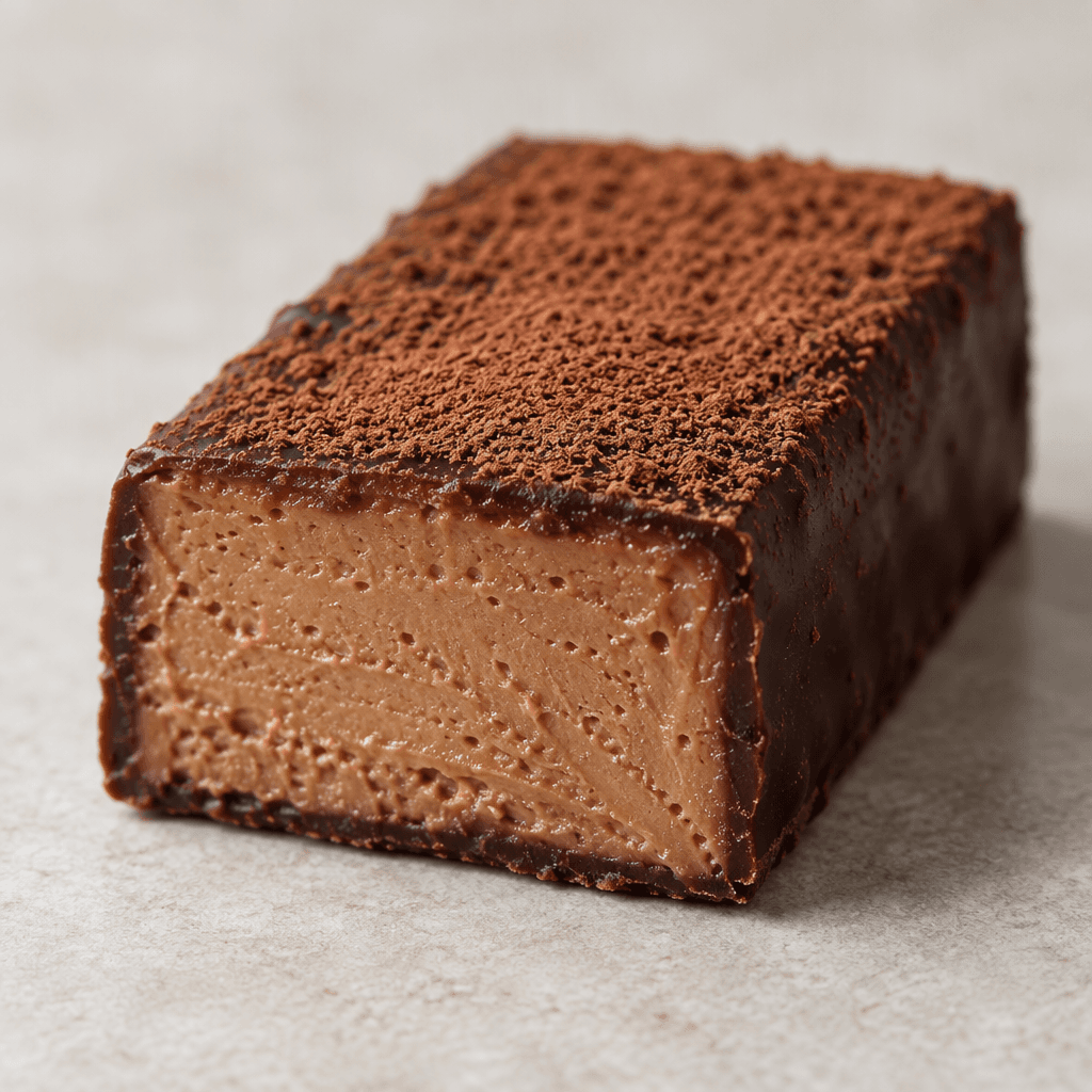 A compact rectangular bar with a dark brown coating, a pale coffee-colored interior, and a light dusting of cocoa on top.