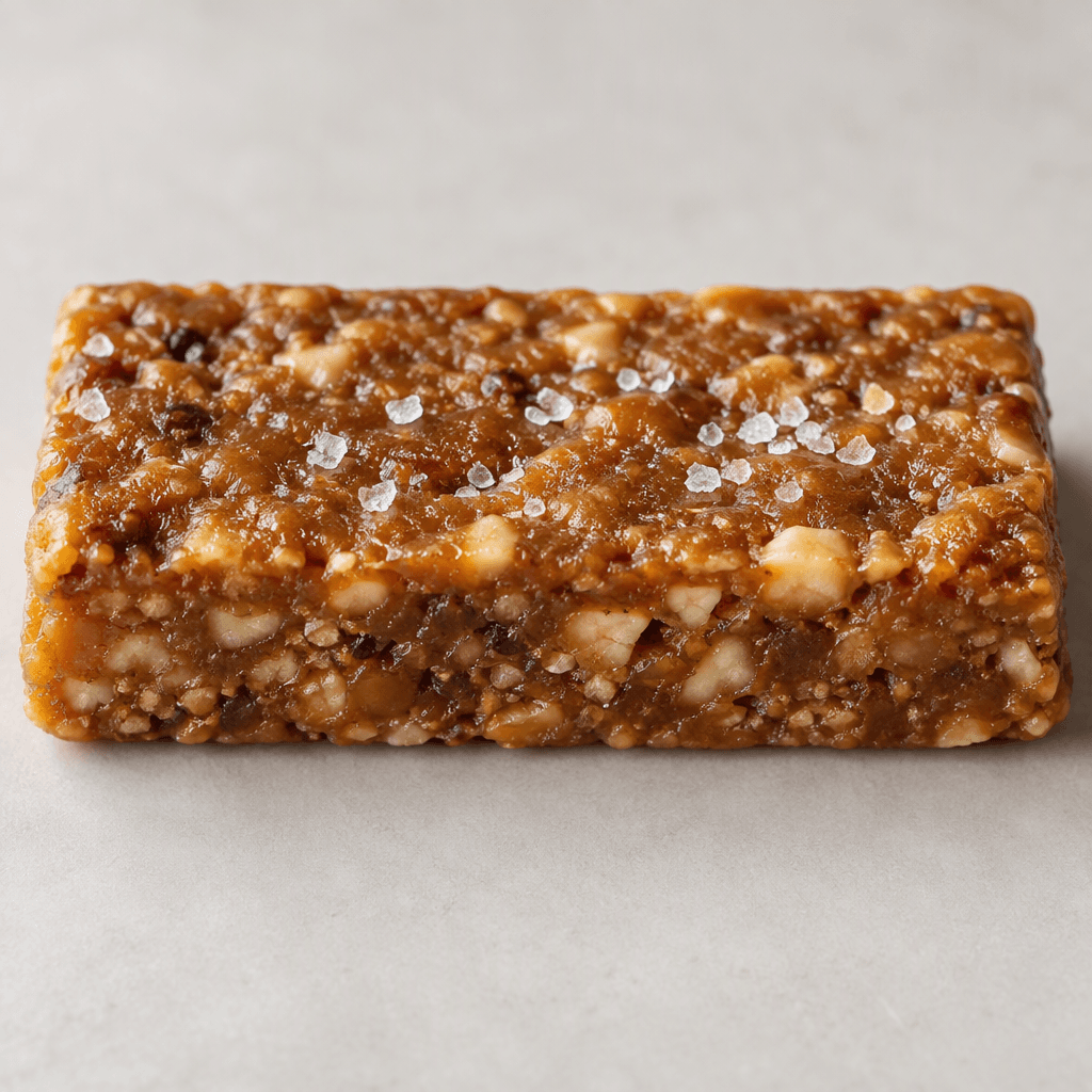 A compact, rectangular protein bar with a caramel-brown, slightly uneven surface and a few pale salt crystals visible on top.