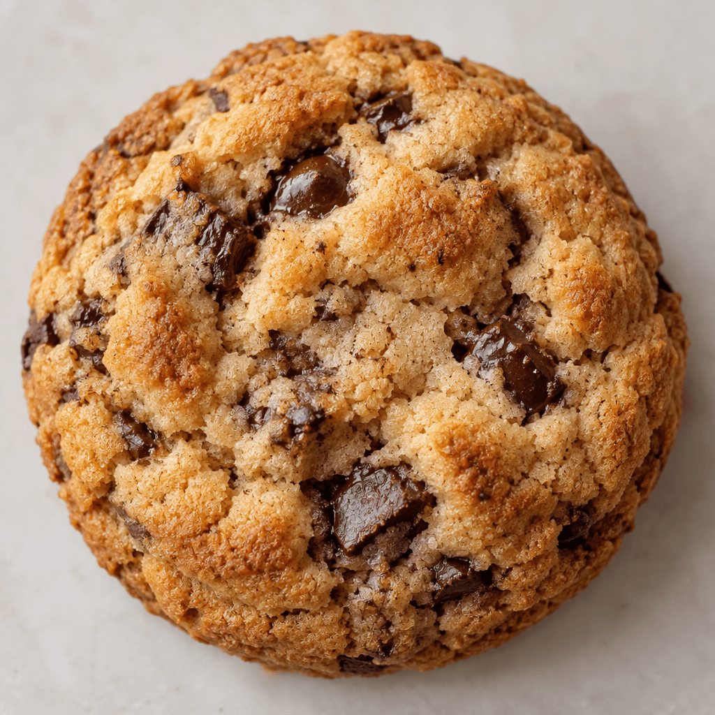 A thick, round golden-brown cookie with an uneven, lightly crumbly surface and scattered darker baked spots.