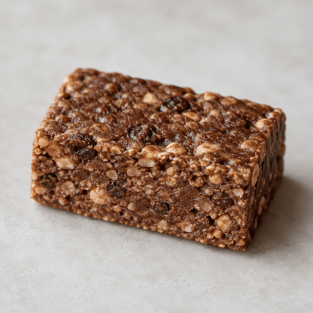 A compact, rectangular half protein bar with a dense, slightly uneven brown surface and a firm-looking texture.