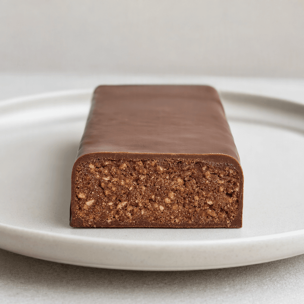 A compact, rectangular protein bar with a dense, slightly grainy brown interior and a smooth, darker brown coating, served on a plain plate.
