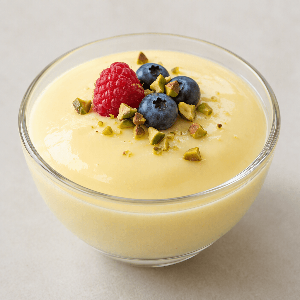 A smooth, glossy, softly set custard-like dessert in a small glass bowl, pale cream to light yellow in colour, with a gently domed surface and clean spoonfuls or small garnishes sometimes visible on top.