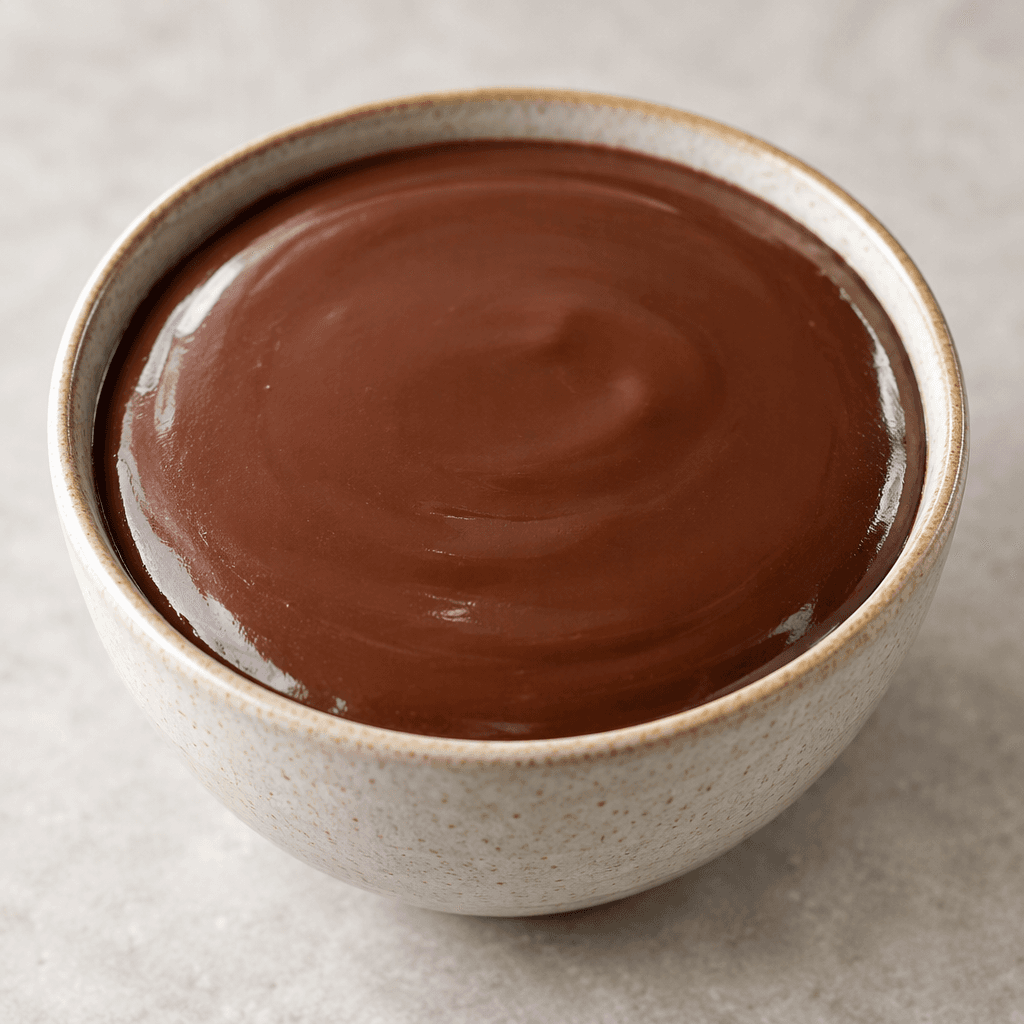 A smooth, glossy chocolate pudding sits in a small bowl, its surface level and softly reflective.