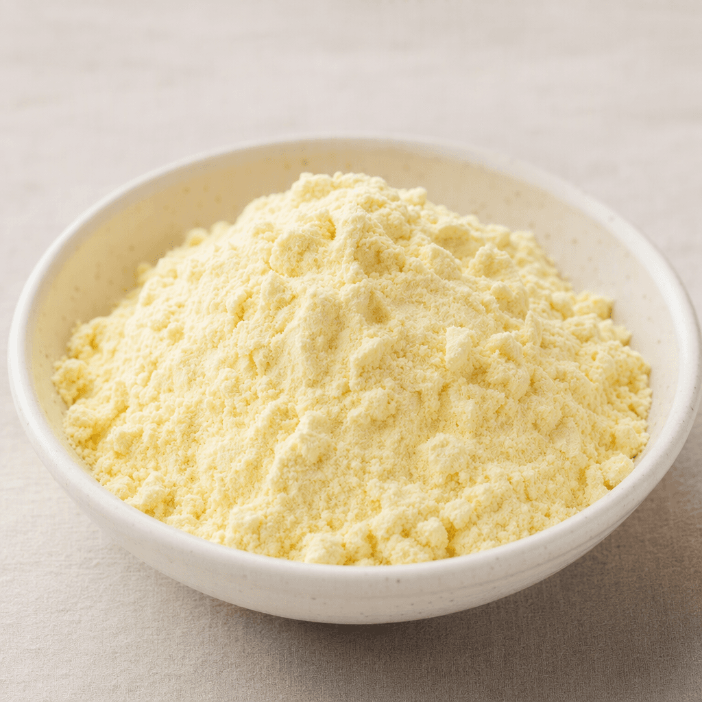 A small mound of fine, pale-yellow banana-flavored pudding powder sits loosely in a shallow bowl, with a soft, dry, slightly clumpy texture.