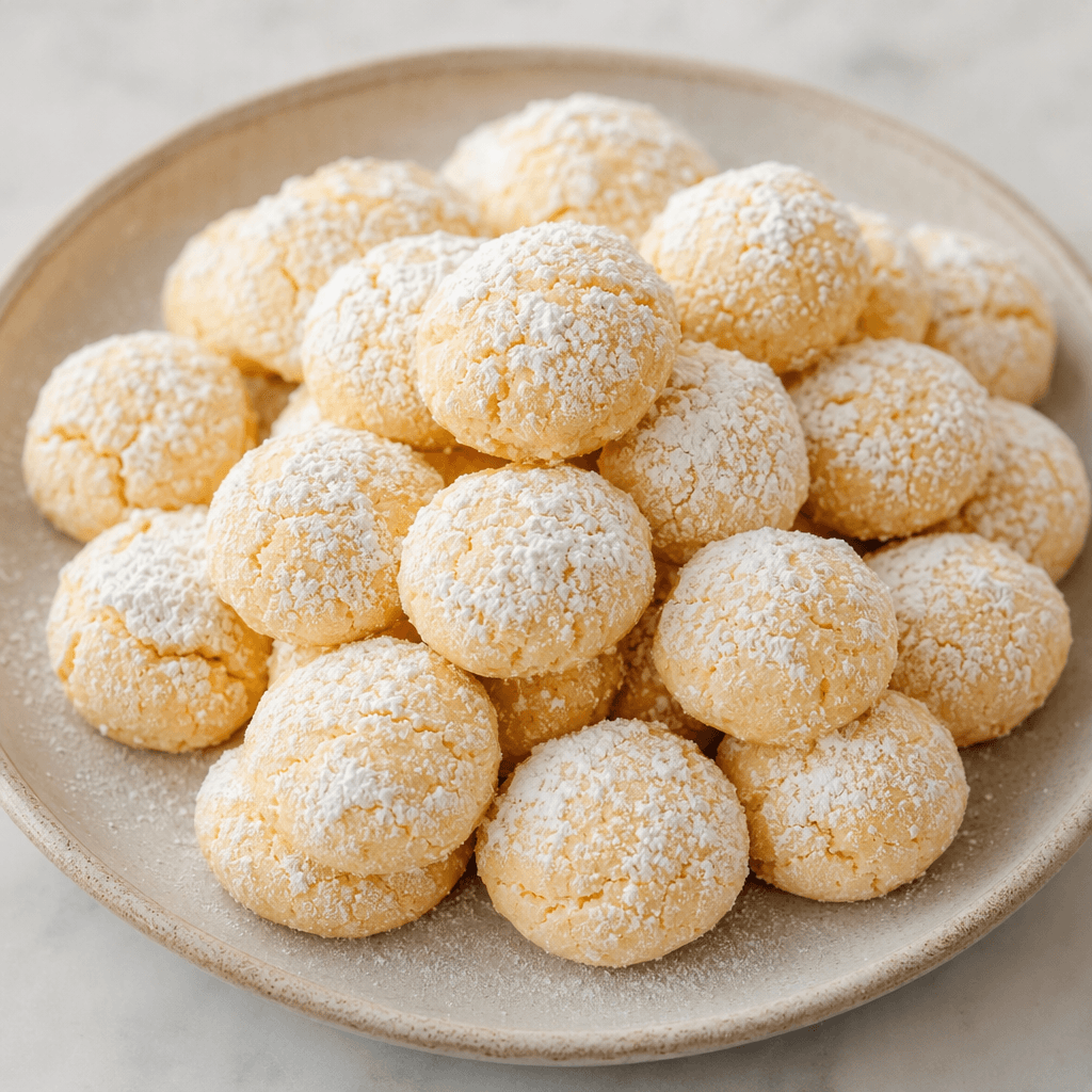 Small, round, pale golden cookies with gently cracked, crumbly surfaces are arranged on a plate and generously coated with a snowy layer of powdered sugar.
