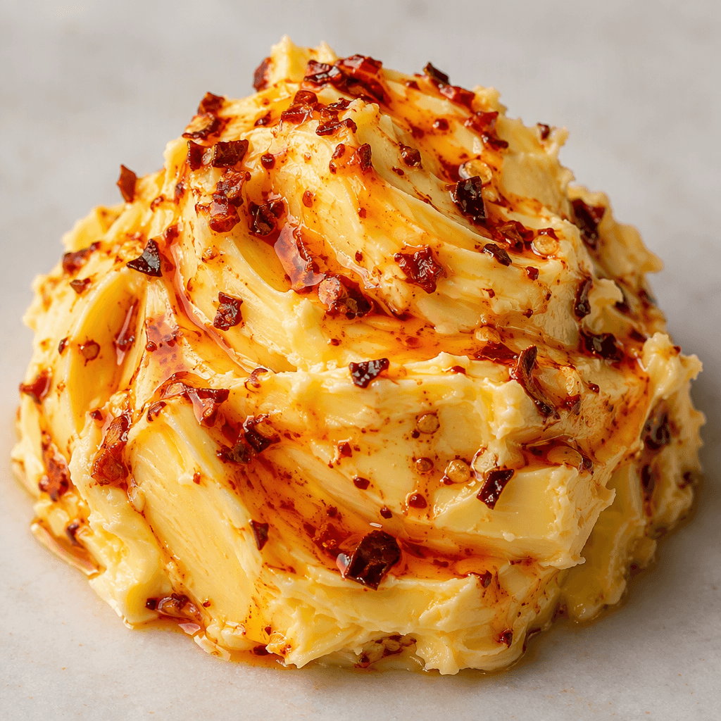 A soft mound of golden butter is streaked with red-orange chili oil and dotted with small red chili flakes.