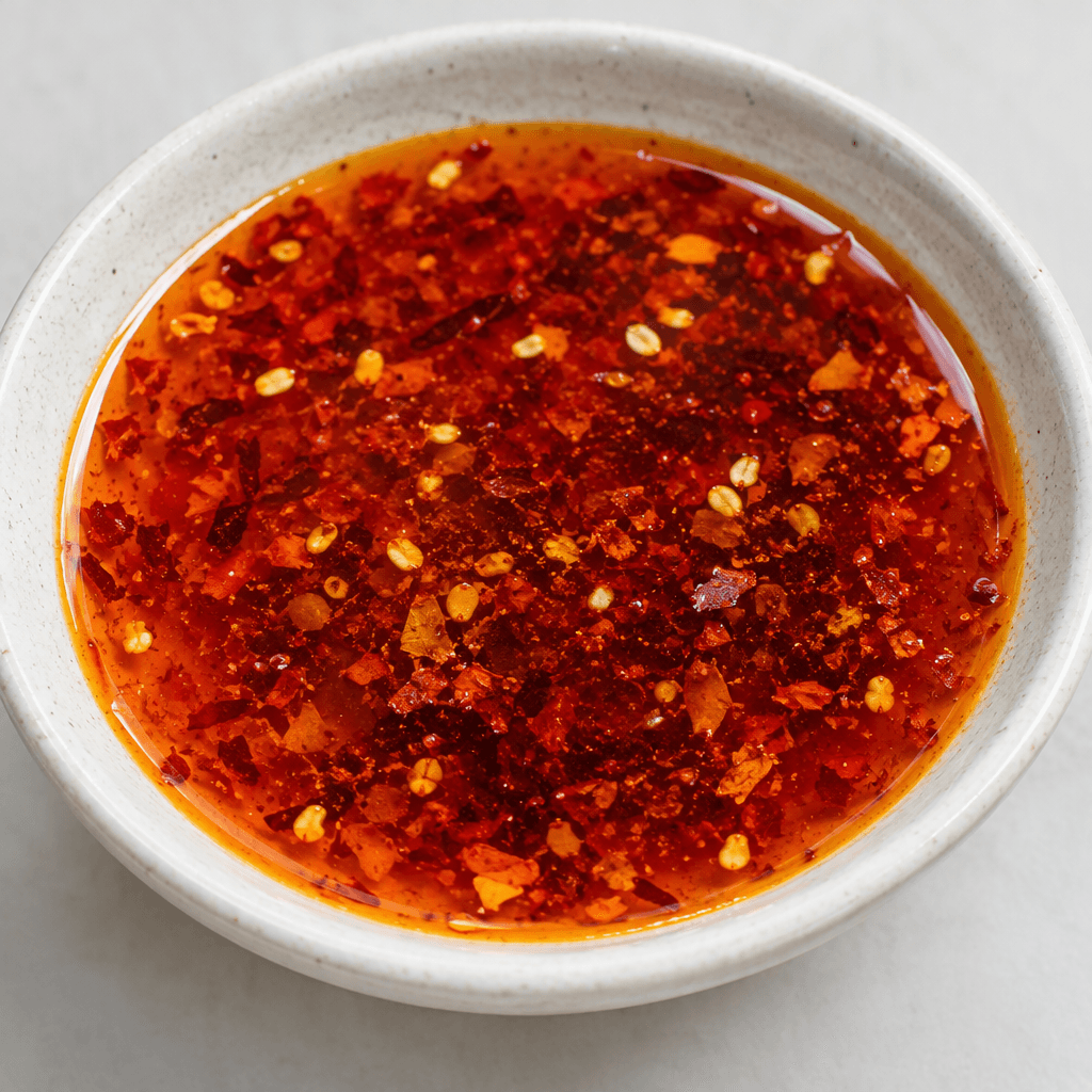 A glossy red-orange oil with fine red pepper flakes and tiny pale seeds suspended throughout, pooled in a shallow dish.