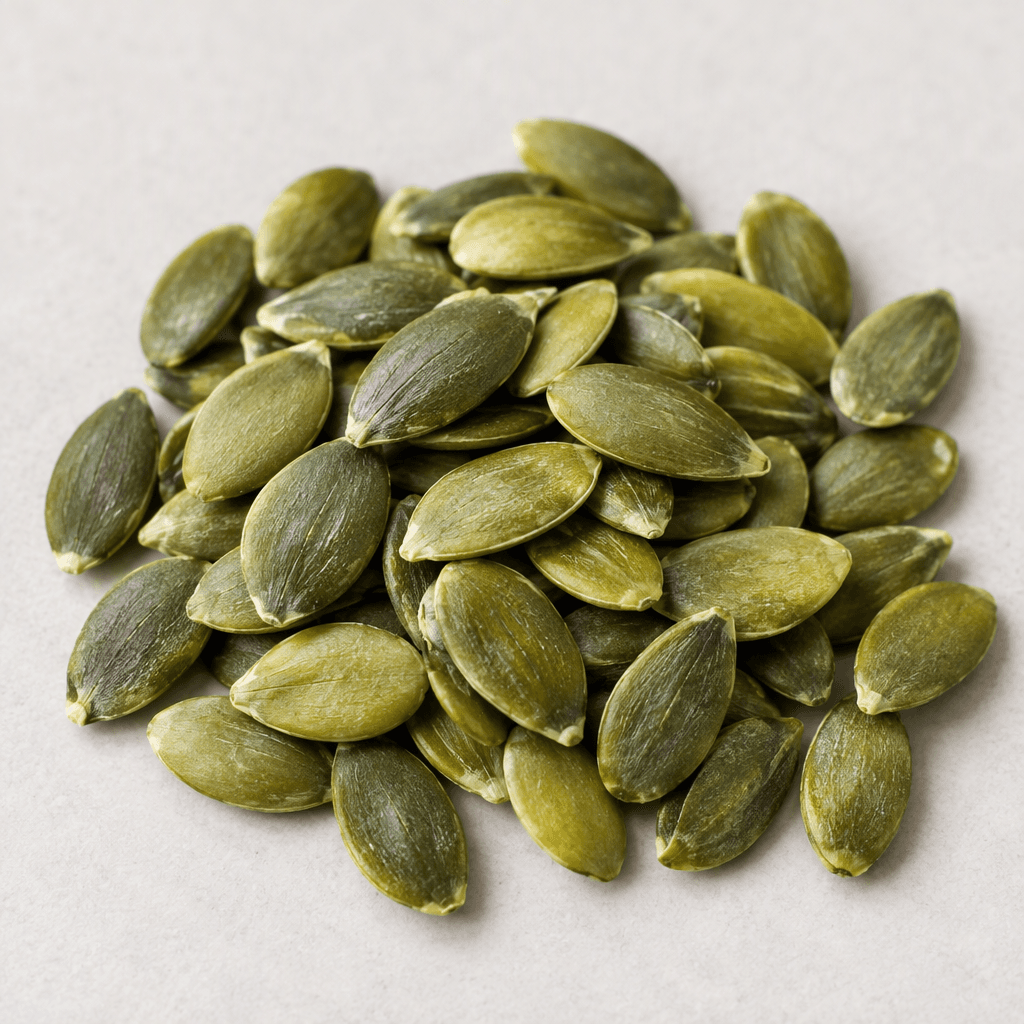 Flat, oval pumpkin seed kernels with smooth, slightly ridged surfaces, pale green to deep green in colour, shown scattered in a small loose pile.