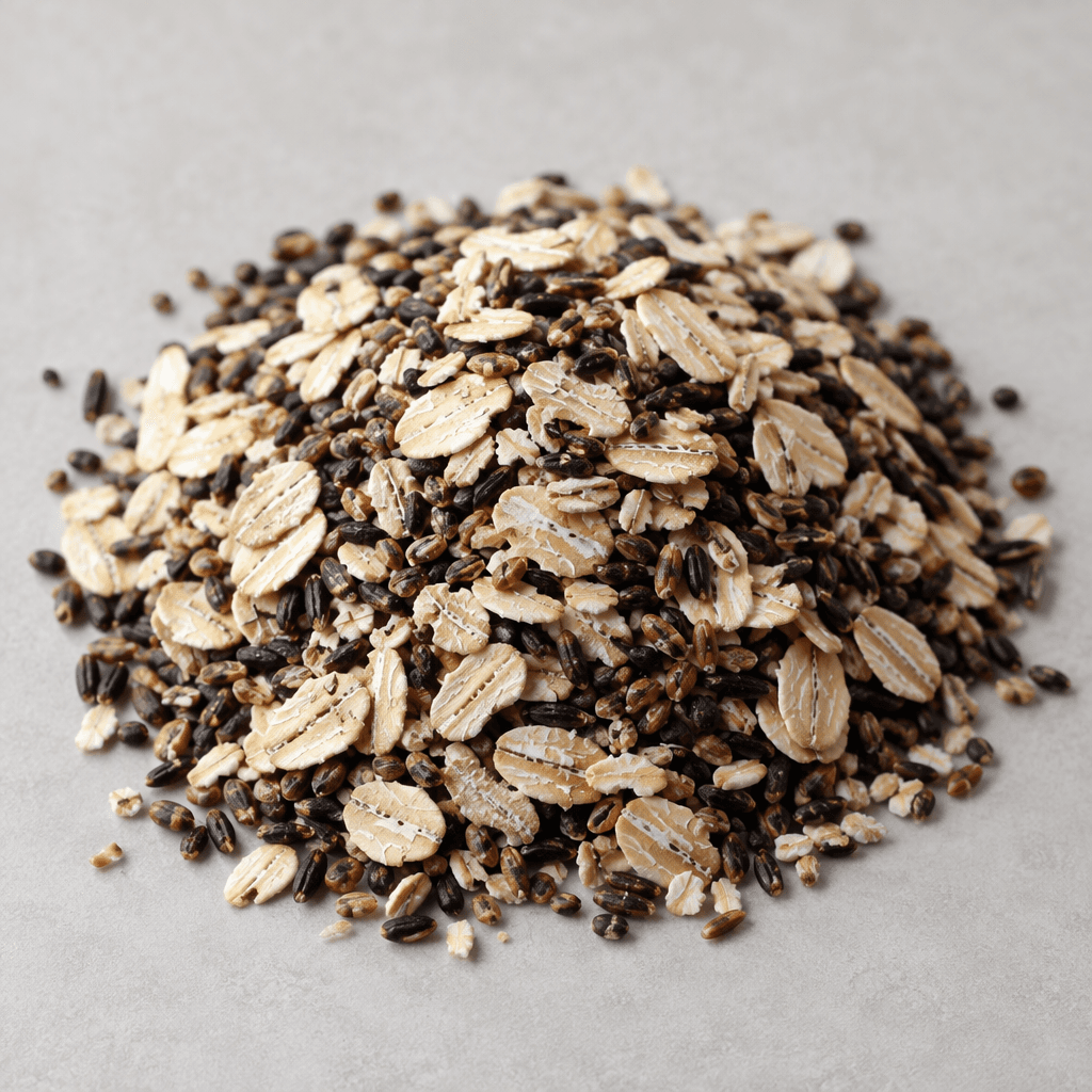 A loose mixture of flat, pale beige oat flakes and small dark brown to black grains, with varied shapes and sizes, sits in a simple mound.