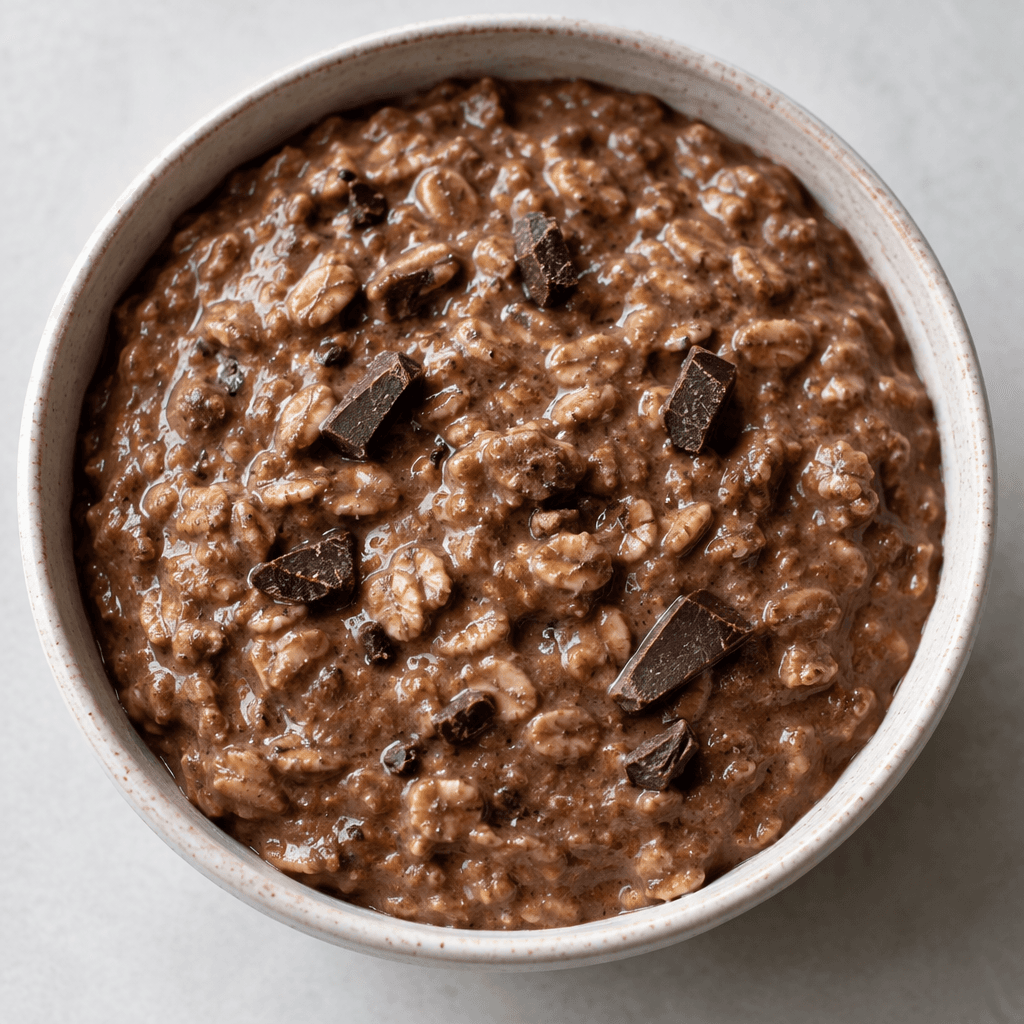 A bowl of thick cocoa-brown oatmeal with soft oat flakes visible throughout and a few darker chocolate pieces on the surface.