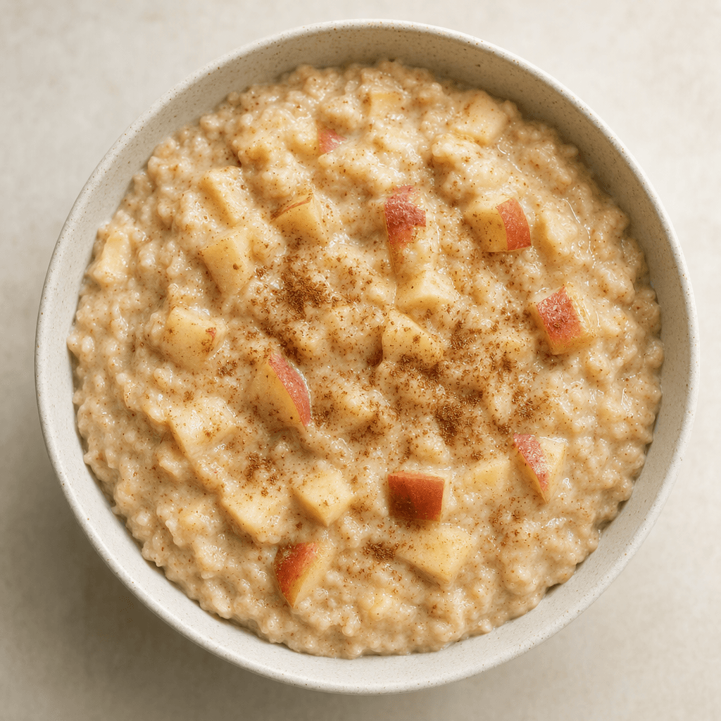 A bowl of thick, creamy beige oats is dotted with small reddish apple pieces and fine brown cinnamon specks.