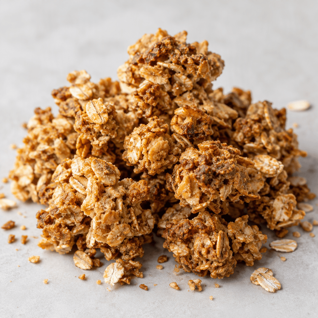 Irregular, crisp-looking clusters of rolled oats in shades of golden tan and brown, with small oat flakes and crumbs scattered around them.