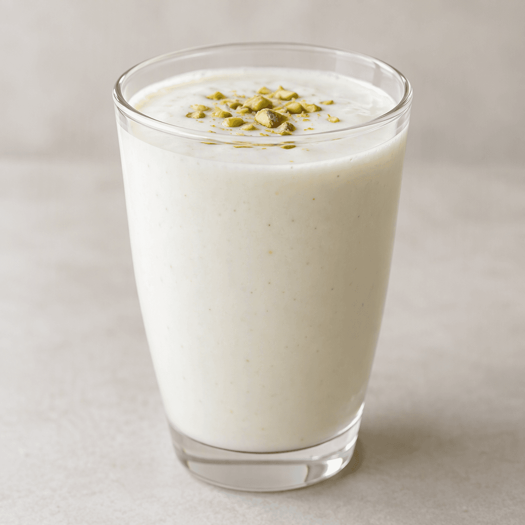A smooth, pale-white, slightly thick dairy drink served in a clear glass.