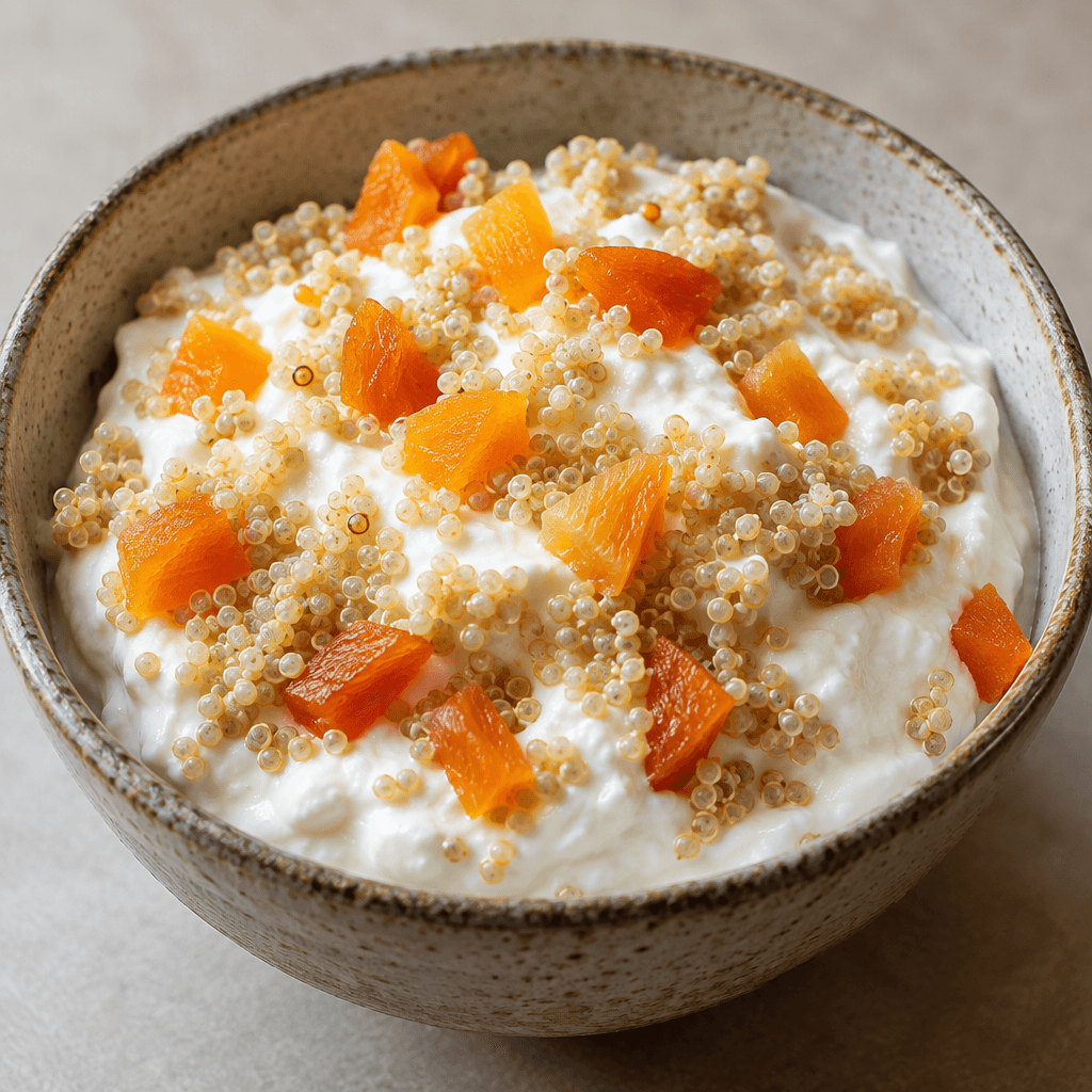 Thick, creamy white quark is served in a bowl with tiny pale quinoa grains and small orange apricot pieces scattered across its surface.