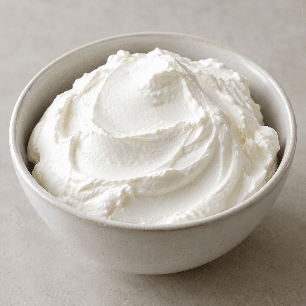 Thick, smooth white quark sits in a soft mound in a bowl, with a dense, creamy surface and no visible additions.