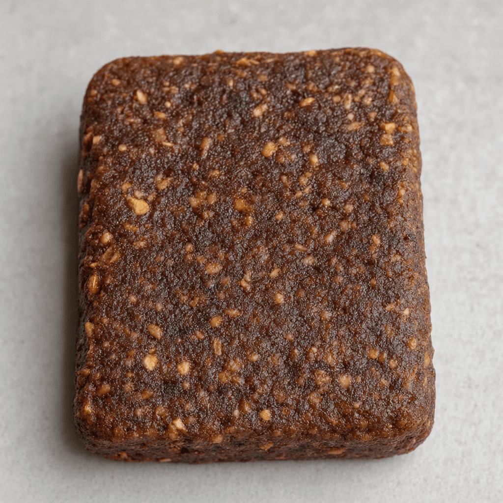 A compact, roughly rectangular dark-brown bar with rounded corners and a slightly uneven, dense-looking surface dotted with small lighter-brown pieces.