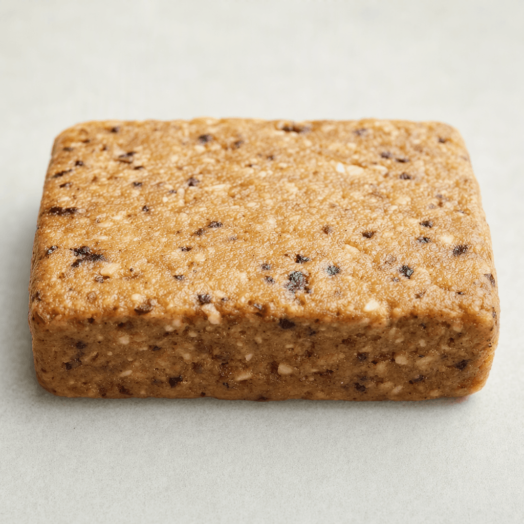 A compact, rectangular protein bar with softly rounded corners, a dense, slightly rough beige-brown surface, and small darker flecks throughout.