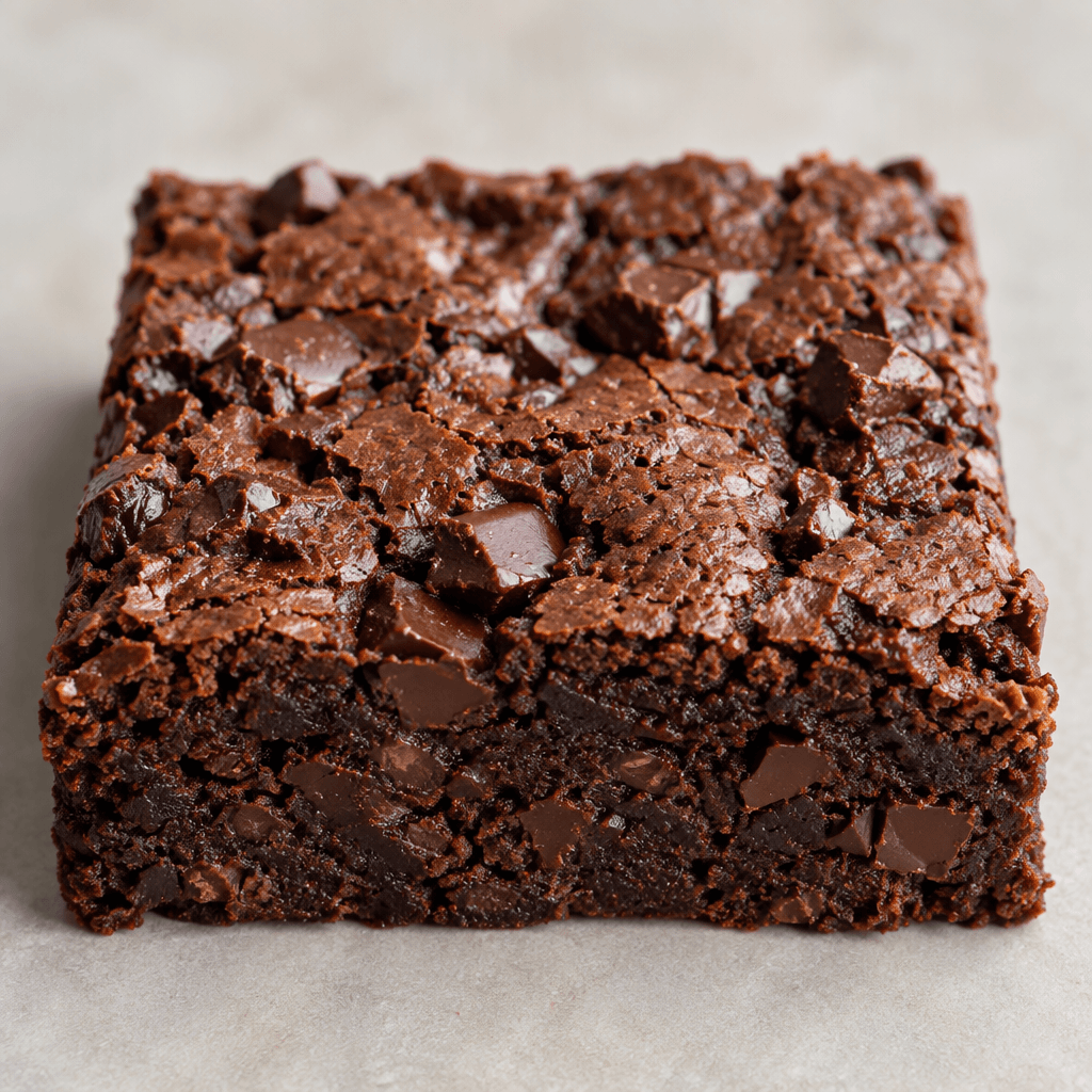 A thick, rectangular dark-brown bar with a dense, slightly uneven surface dotted with small, darker chocolate pieces.