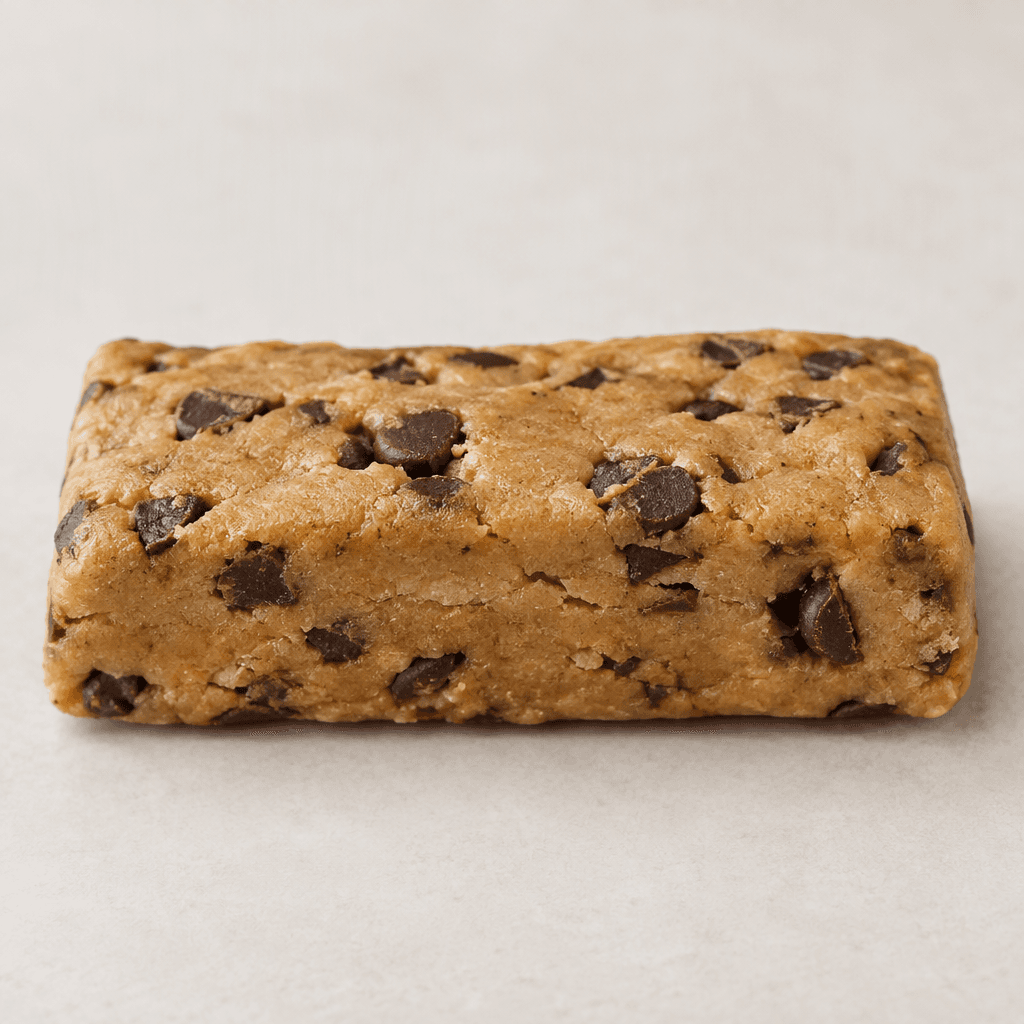 An unwrapped, oblong rectangular bar with a dense, slightly uneven light-brown surface dotted with dark chocolate chips.