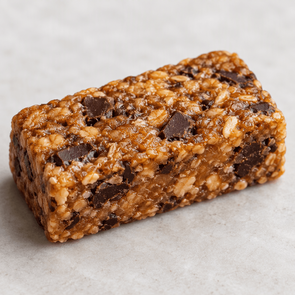 A compact rectangular caramel-brown bar with a slightly rough, chewy-looking surface and scattered dark chocolate pieces, shown whole.