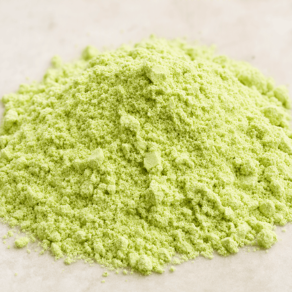 A small mound of fine, dry, pale melon-green shake powder with a smooth, slightly clumping texture.
