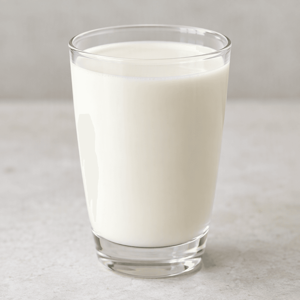 A smooth, uniform, pale cream-colored milk drink served in a clear glass.