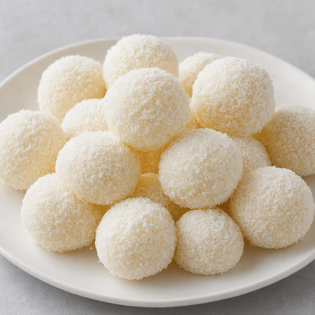 Small, round white confections coated in fine shredded coconut, with a smooth surface beneath the fluffy flakes, arranged on a plain serving plate.