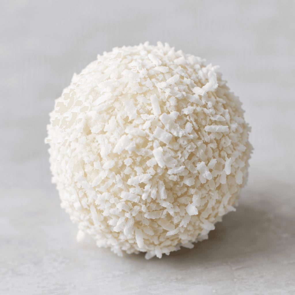A small, round white confection is coated all over in fine, snowy coconut flakes, giving its surface a soft, uneven texture.