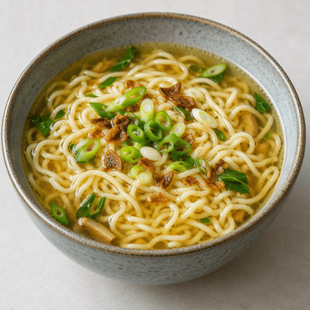 A deep bowl holds pale yellow, tightly curled wheat noodles in a clear amber broth, with sliced green onion and a few small green and brown toppings visible on the surface.