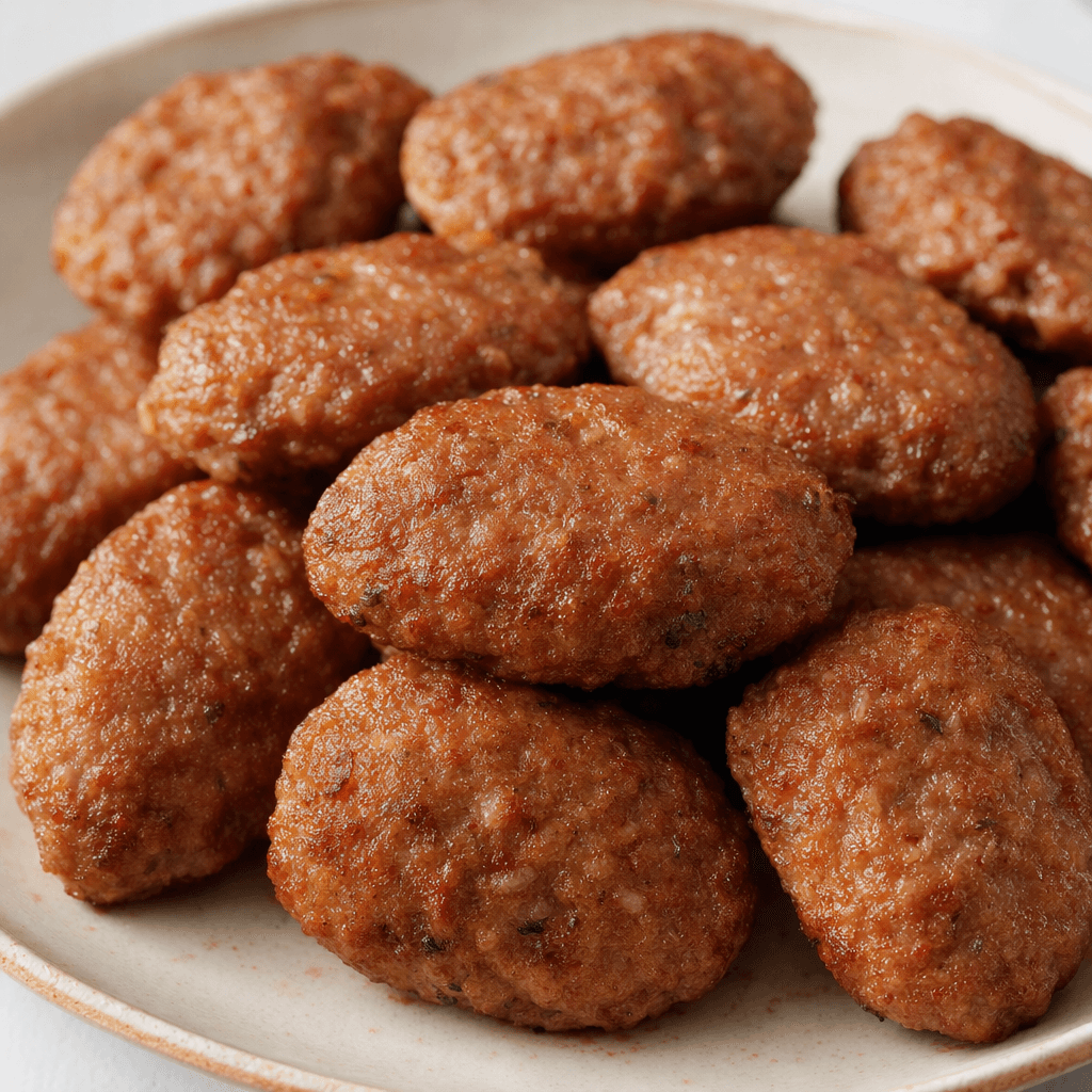 Several small, flattened oval meatballs with a compact, slightly coarse surface and a muted reddish-brown colour are arranged together.