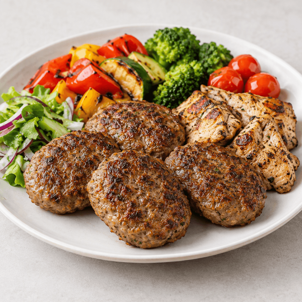 Several browned, oval meat patties are arranged on a plate with grilled meat pieces and colourful vegetable sides.