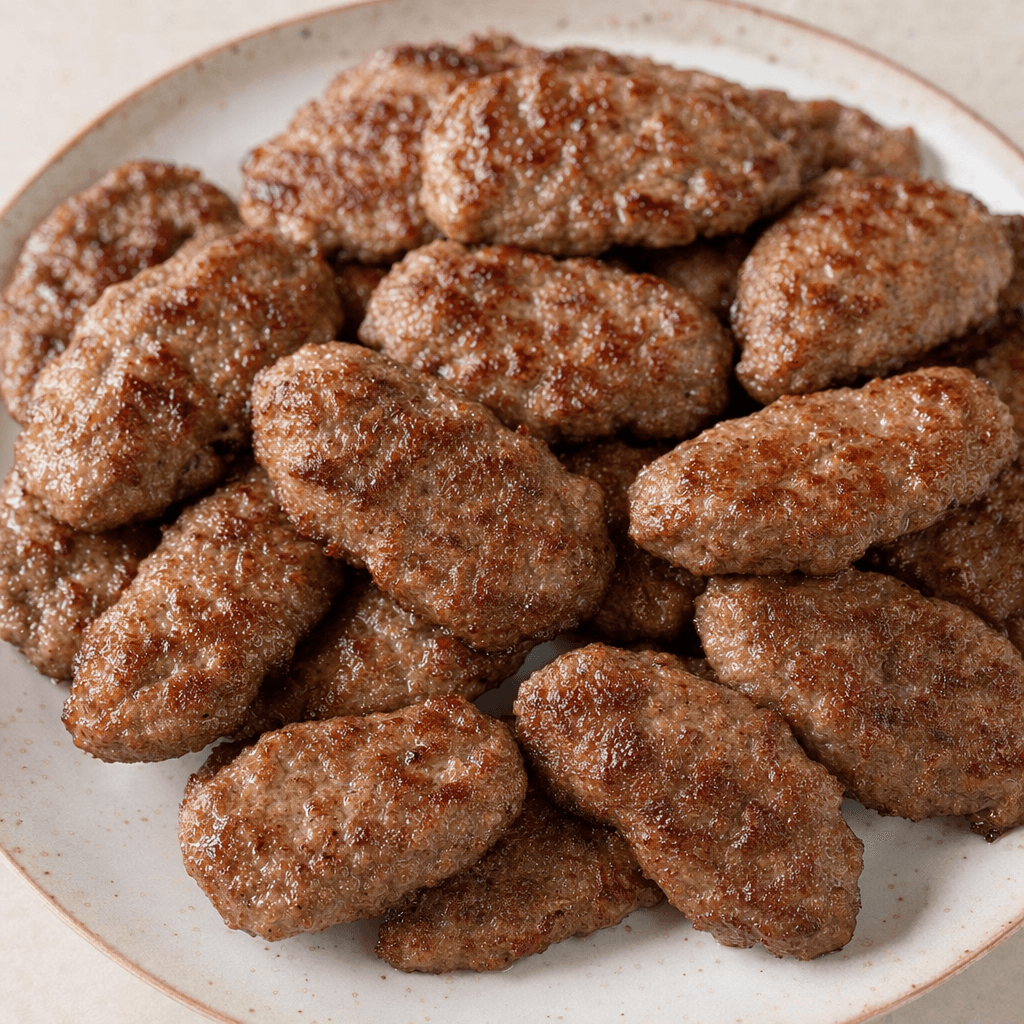Cooked meatballs are arranged on a plate, each shaped into a slightly flattened oval with a browned, lightly crisp exterior and a textured surface.