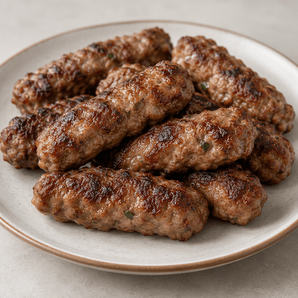 Several short, finger-shaped minced-meat patties with browned, slightly uneven surfaces are arranged on a plate.