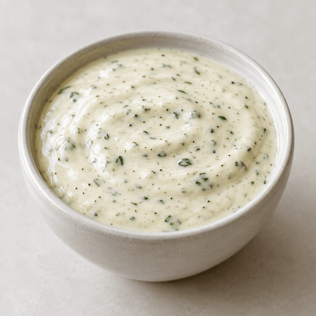Thick, smooth off-white sauce with fine green herb flecks and tiny black pepper specks, served in a small bowl with a glossy surface and softly rounded edges.