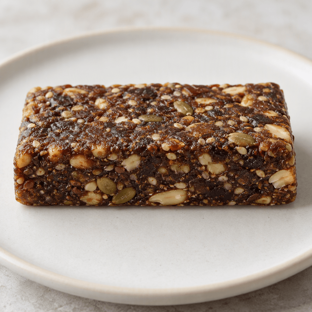 A compact, rectangular dark-brown bar with a dense, slightly rough surface and small pieces of nuts and seeds visible throughout, served whole on a plain plate.